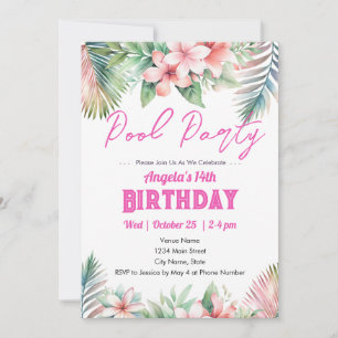 Pool Party Tropical Girly Teen Birthday-inbjudan Inbjudningar