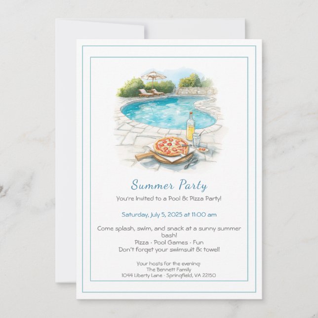 Pool & Pizza Sommarfest Invitation Inbjudningar (Framsida)