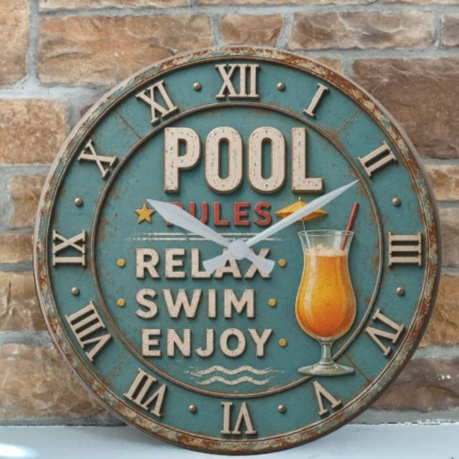 Pool Rules Swimming  Decor  Stor Klocka (Skapare uppladdad)