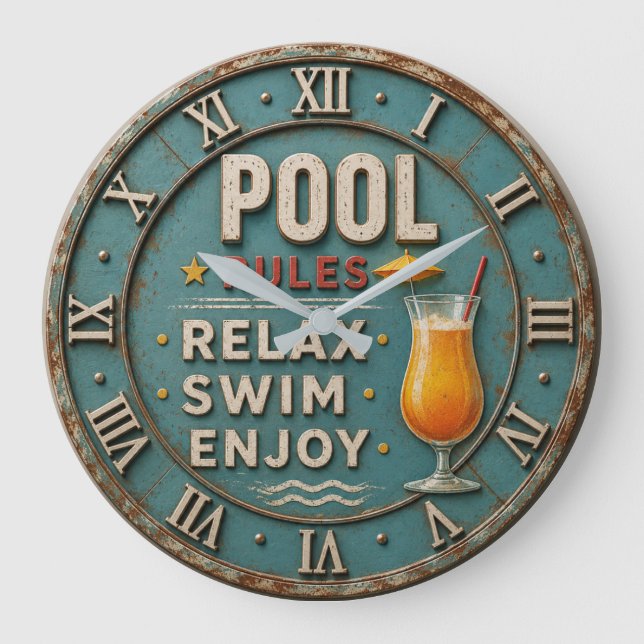 Pool Rules Swimming  Decor  Stor Klocka (Framsida)