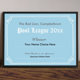 Pool Tävling Vinnarens Certifikat Affisch