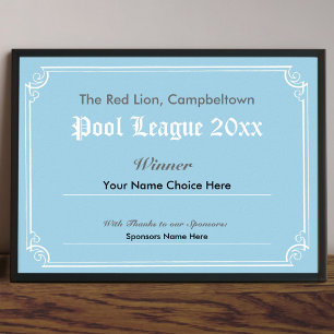 Pool Tävling Vinnarens Certifikat Affisch