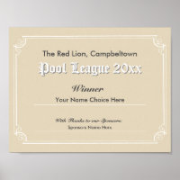 Pool Tävling Vinnarens Certifikat Poster