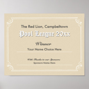 Pool Tävling Vinnarens Certifikat Poster