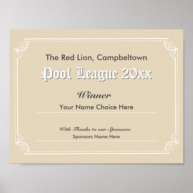 Pool Tävling Vinnarens Certifikat Poster (Framsidan)