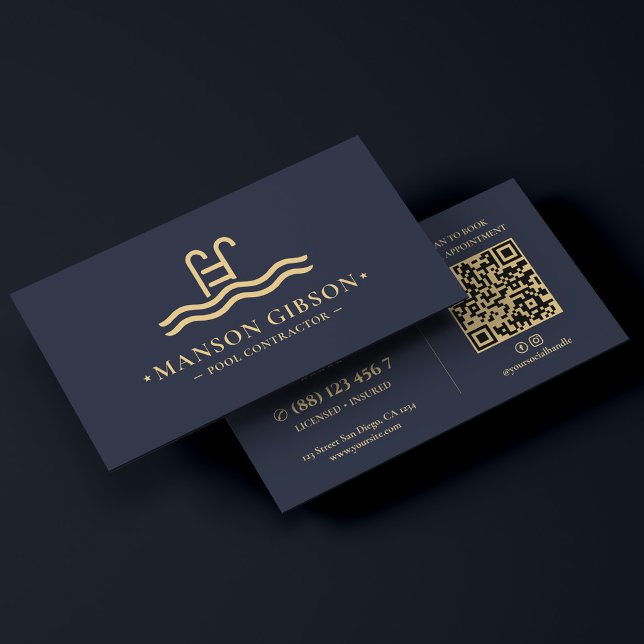 Poolentreprenör Mörk Navy Modern QR-kod Visitkort (Pool Contractor Dark Navy Modern QR Code Business Card
)