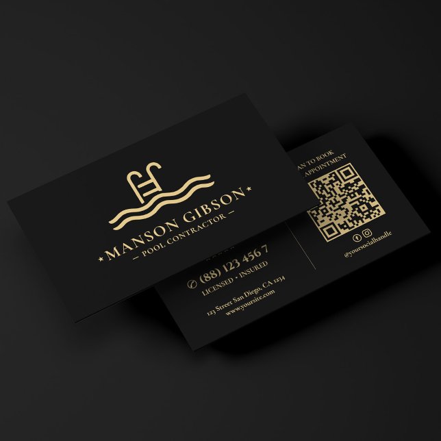 Poolkontraktör Logotyp Svart Modern QR-kod Visitkort (Pool Contractor Logo Black Modern QR Code Business Card
)