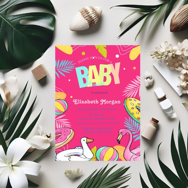 Poolleksaker lämnar rosa baby shower inbjudningar (Skapare uppladdad)