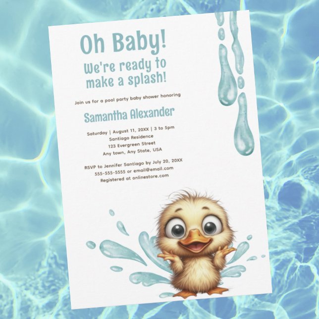 Poolparty baby shower  inbjudningar (Oh Baby! Pool party baby shower invitation.  Cute baby duck making a splash.  Pool party theme.)