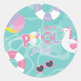 Poolparty Enhörning Rosa och Lila Födelsedag Runt Klistermärke