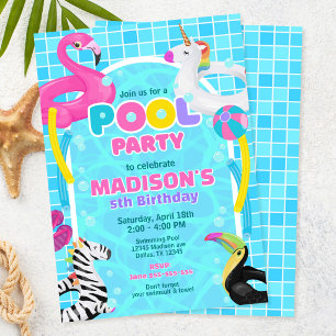 Poolparty Flamingo Enhörning Flotte Flicka Födelse Inbjudningar