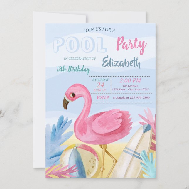 Poolparty Flamingos Födelsedagsfest Inbjudningar (Framsida)