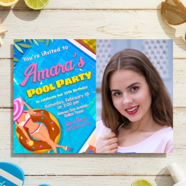 Poolparty - Flicka med Fotoinbjudan Inbjudningar (Pool Party Landscape Invitation with Photo)
