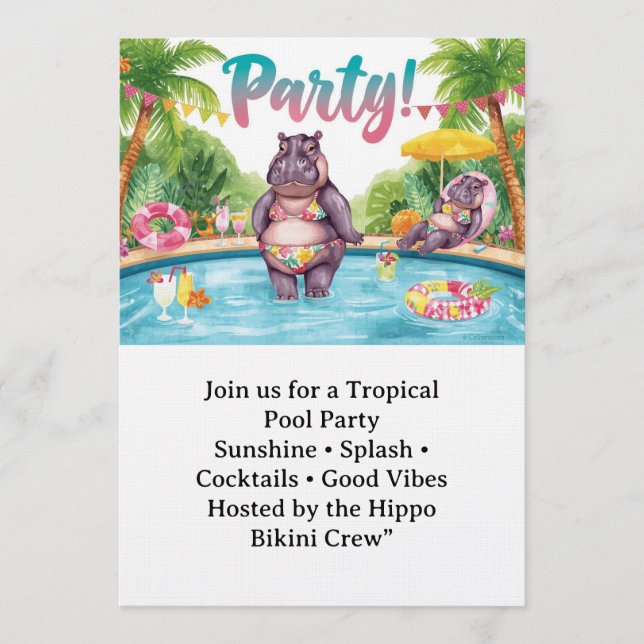 Poolparty Flodhäst Bikini Tropiskt tema Inbjudningar (Framsida)