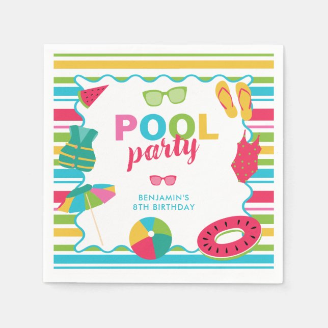 Poolparty Födelsedag Färgrik Sommar Barn Söt Pappersservett (Framsidan)
