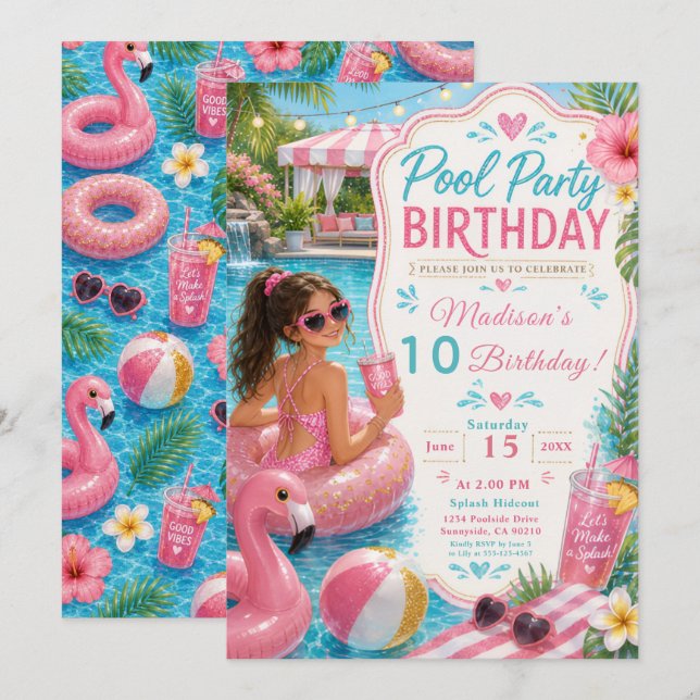 Poolparty Födelsedag Inbjudningar (Fram/baksida)