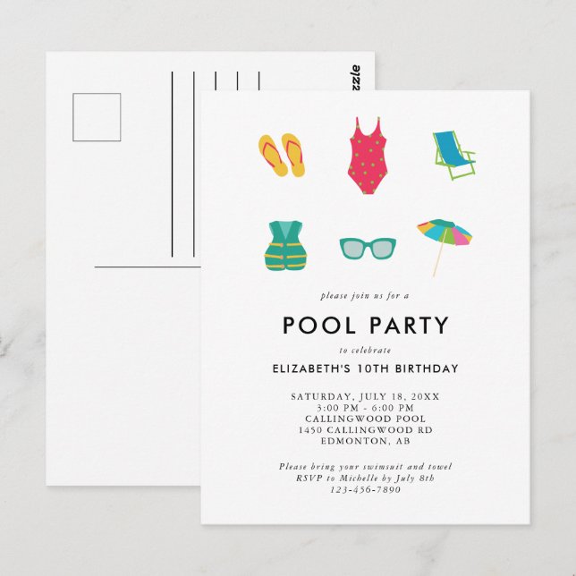 Poolparty Födelsedags Minimal Enkel Färgglad Söt Vykort (Fram/baksida)