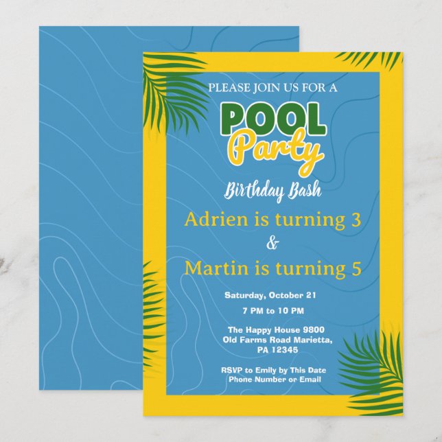 Poolparty födelsedagsfest  inbjudningar (Fram/baksida)