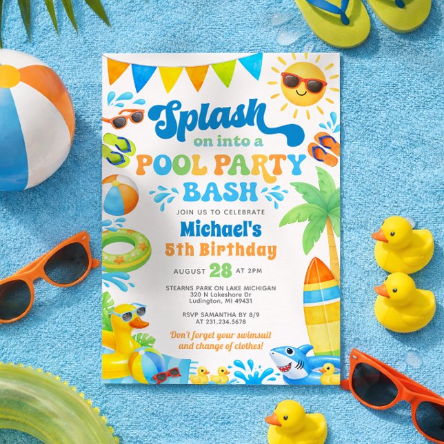 Poolparty-födelsedagsinbjudan för pojkar inbjudningar (Pool Party Birthday Invitation - Boy Summer Birthday Duck and Shark Theme)