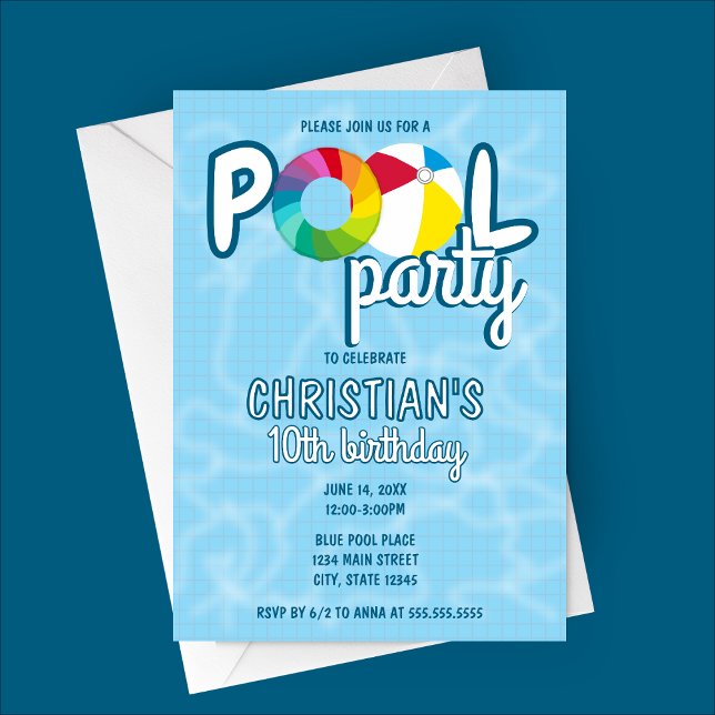 Poolparty Födelsedagsinbjudan med Klinkergolv Inbjudningar (Tiled Pool Party Birthday Party Invitation with Beach Ball and Round Colorful Raft)