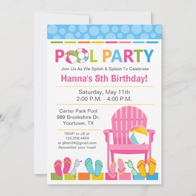 Poolparty födelsedagsinbjudan och simfest inbjudningar (Framsida)