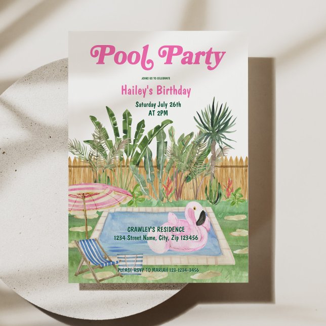Poolparty Födelsedagsinbjudan Rosa Inbjudningar (Pool Party Birthday Invite Pink)