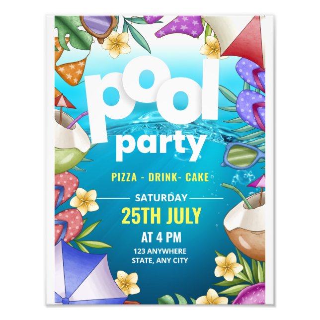 Poolparty födelsedagsinbjudan, Sommarfest  Fototryck (Framsidan)