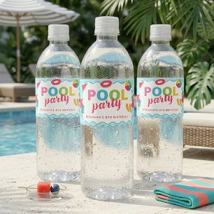 Poolparty för barn födelsedag färgrik sommar simni vattenflaskor etikett