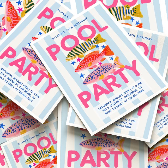 Poolparty Förberedande Sommarfödelsedags Trendig F Inbjudningar (Skapare uppladdad)