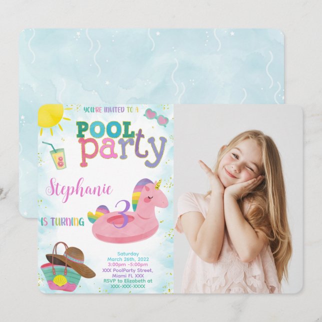 Poolparty Fotofestkort Inbjudningar (Fram/baksida)
