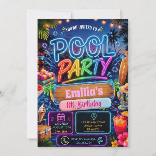 Poolparty Glöd-i-mörkret Neon Simning Födelsedag Inbjudningar
