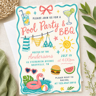 Poolparty Grillfest Sommar Bakgård Tropisk Familj Inbjudningar