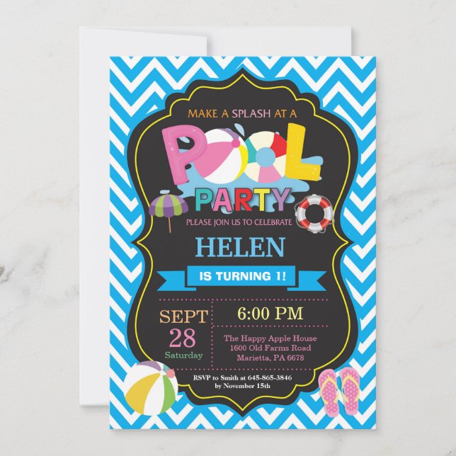 Poolparty-inbjudan Blå Splish Splash Flicka Inbjudningar (Framsida)