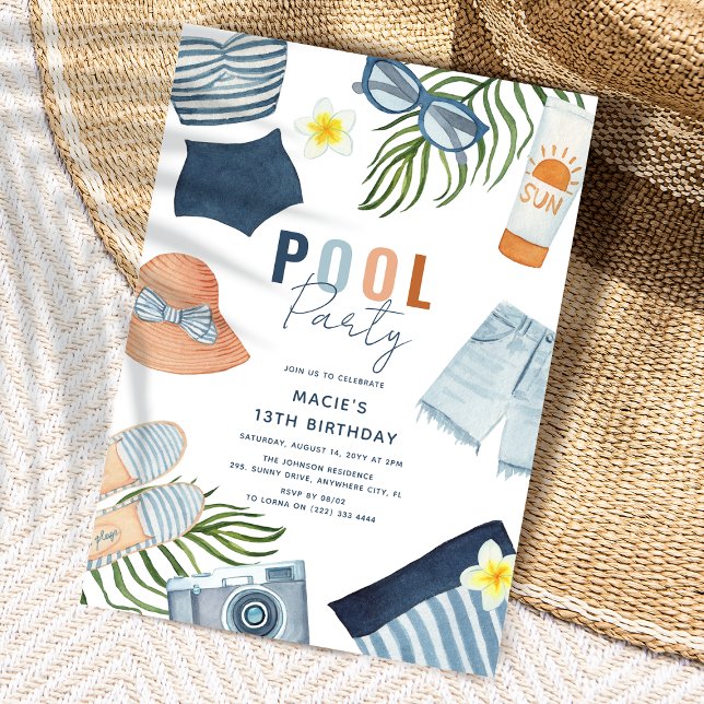 Poolparty-inbjudan för cool tjej inbjudningar (Girly Pool Party Birthday Invitation)