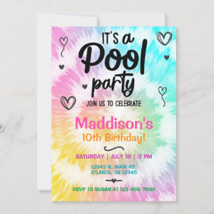 Poolparty-inbjudan för flicka med TieDye-tema på f Inbjudningar