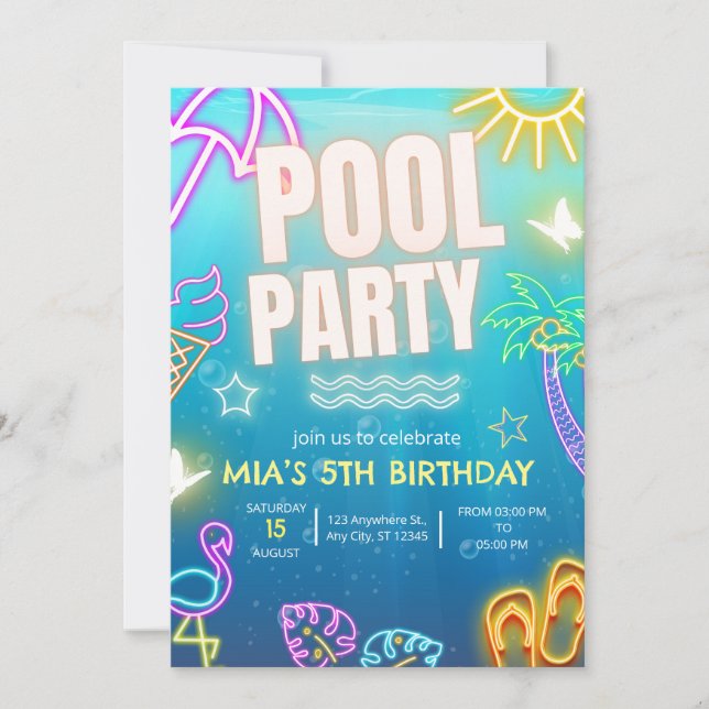 Poolparty-inbjudan, Glow neon Tropisk Födelsedagsf Inbjudningar (Framsida)