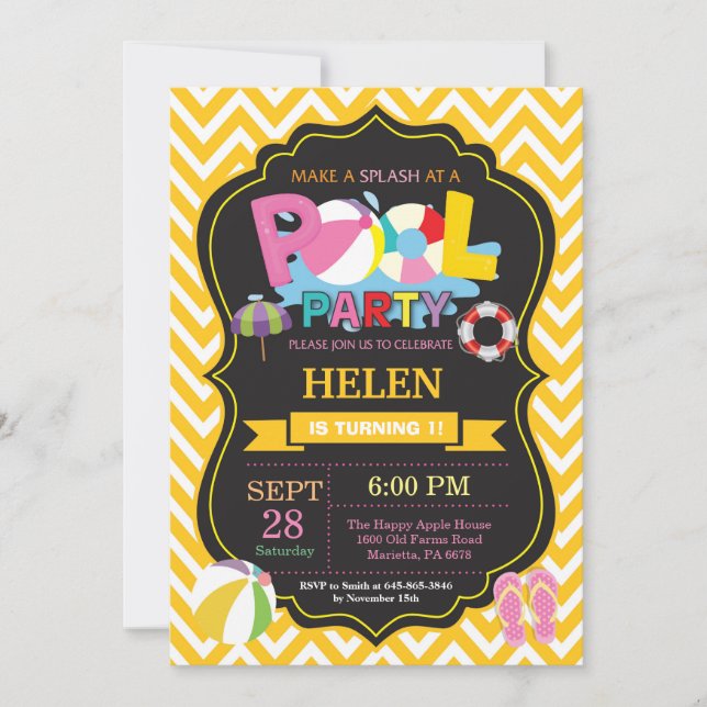 Poolparty-inbjudan Gul Splish Splash Flicka Inbjudningar (Framsida)