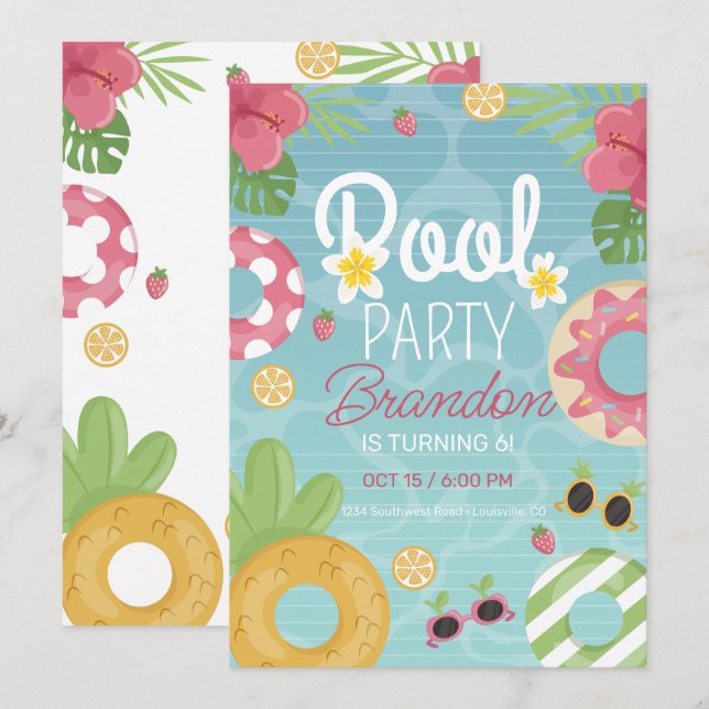 Poolparty-inbjudan, Pool Födelsedagsinbjudan Inbjudningar (Fram/baksida)