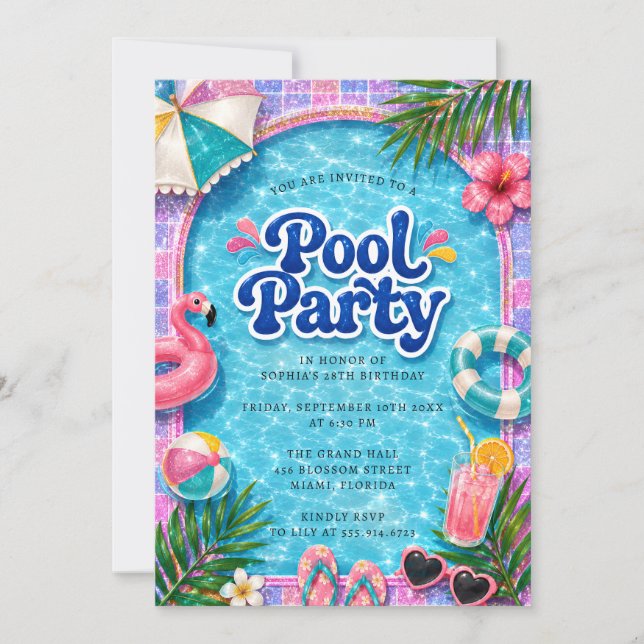 Poolparty-inbjudan Sommar Flamingo Strand Födelsed Inbjudningar (Framsida)