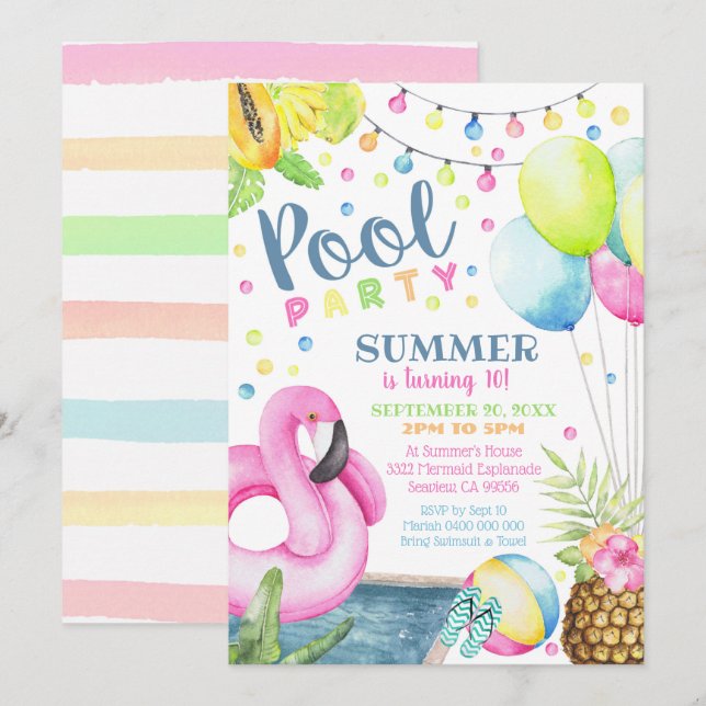 Poolparty Inbjudan Tjej Flamingo Akvarell (Fram/baksida)