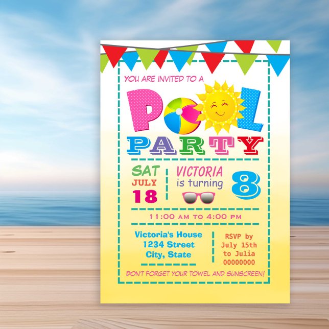 Poolparty-inbjudningar för flickor inbjudningar (Cute any number pool birthday party invitation. Simply add your event details.)