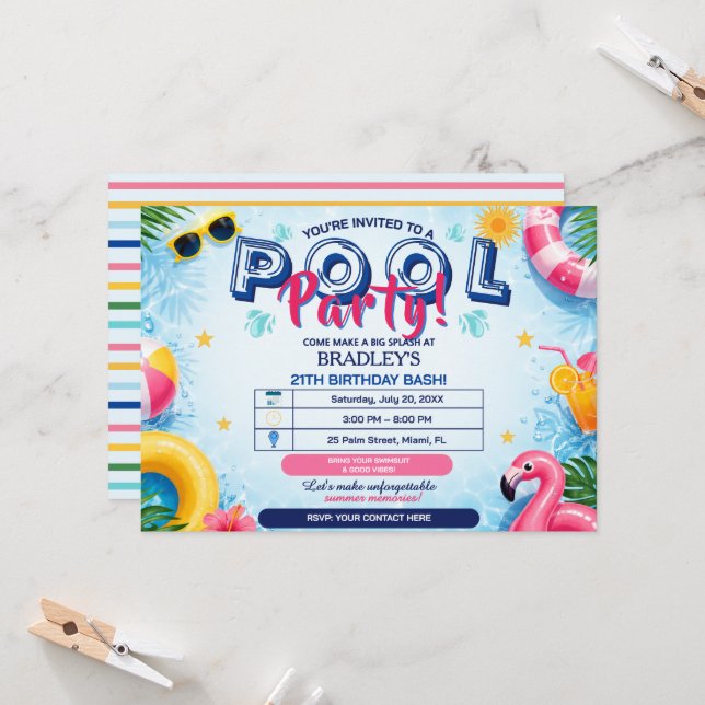 Poolparty Invitation för Cool Killen Födelsedagsfe Inbjudningar (Fram/Back In Situ)