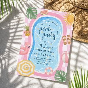Poolparty Modern Sommar Tema Flickas Födelsedag Inbjudningar