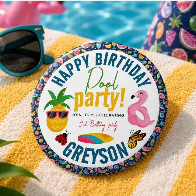 Poolparty | Modern sommarinspirerad födelsedagsfes Knapp (Pool Party | Modern Summer Themed Birthday Party Button)