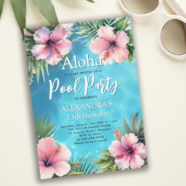 Poolparty Modern Tropisk Hibiskus Tonåring Födelse Inbjudningar (tropical birthday pool party invitation hibiscus feminine pink botanical floral elegant modern)