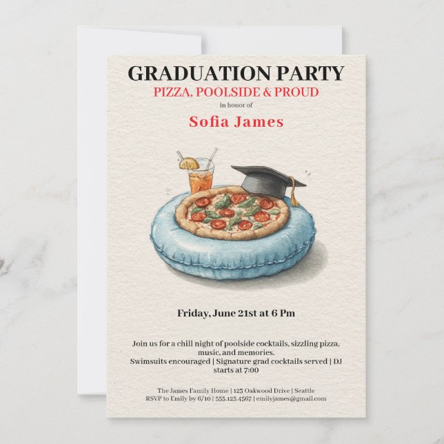 Poolparty-pizzainbjudan till examensfirande inbjudningar (Framsida)
