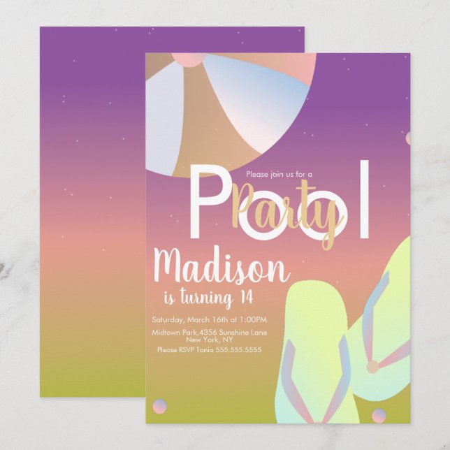 Poolparty Regnbåge Ombre Födelsedag Inbjudningar (Fram/baksida)