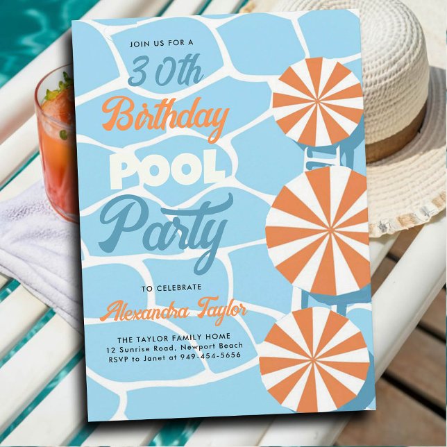 Poolparty sommar blå orange paraplyer födelsedag inbjudningar (30th birthday party ideas for women pool umbrellas orange teal blue personalized invitation summer)
