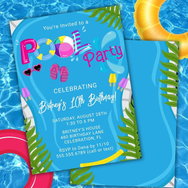 Poolparty sommar flicka födelsedagsfest inbjudan (Skapare uppladdad)