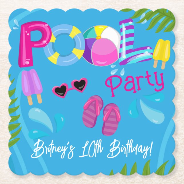 Poolparty sommar flicka födelsedagsfest underlägg papper (Framsida)